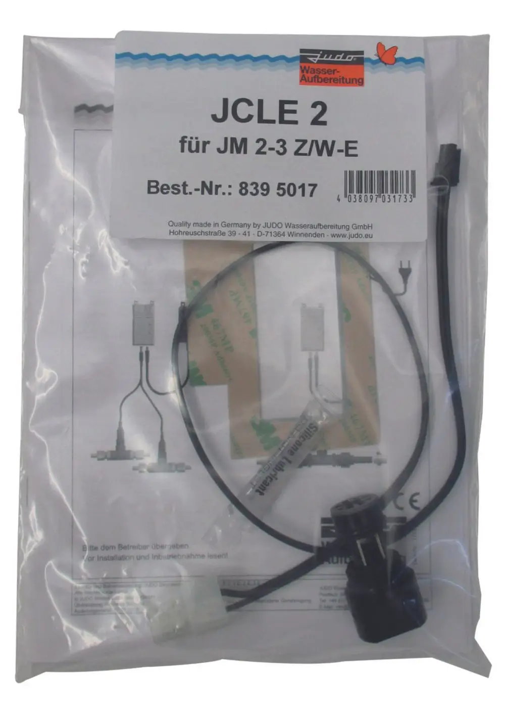 Judo-Produkt in durchsichtiger Verpackung mit einem Kabel und Stecker. Auf der Verpackung sind Montageanleitungen und Artikelnummer abgedruckt.